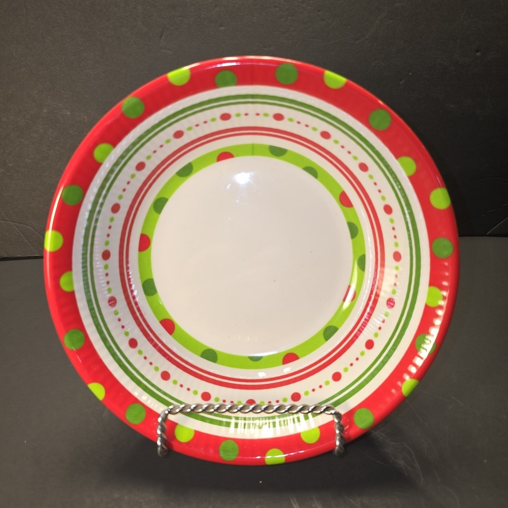 Christmas Holiday Serving Bowl Red Green White Polka Dot Stripes Festive